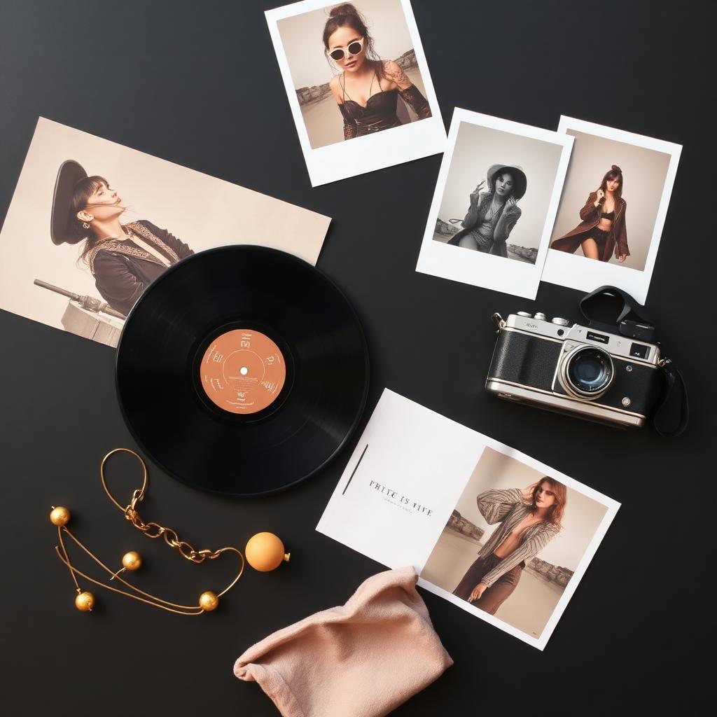 Moodboard de identidad visual con vinilo y polaroids