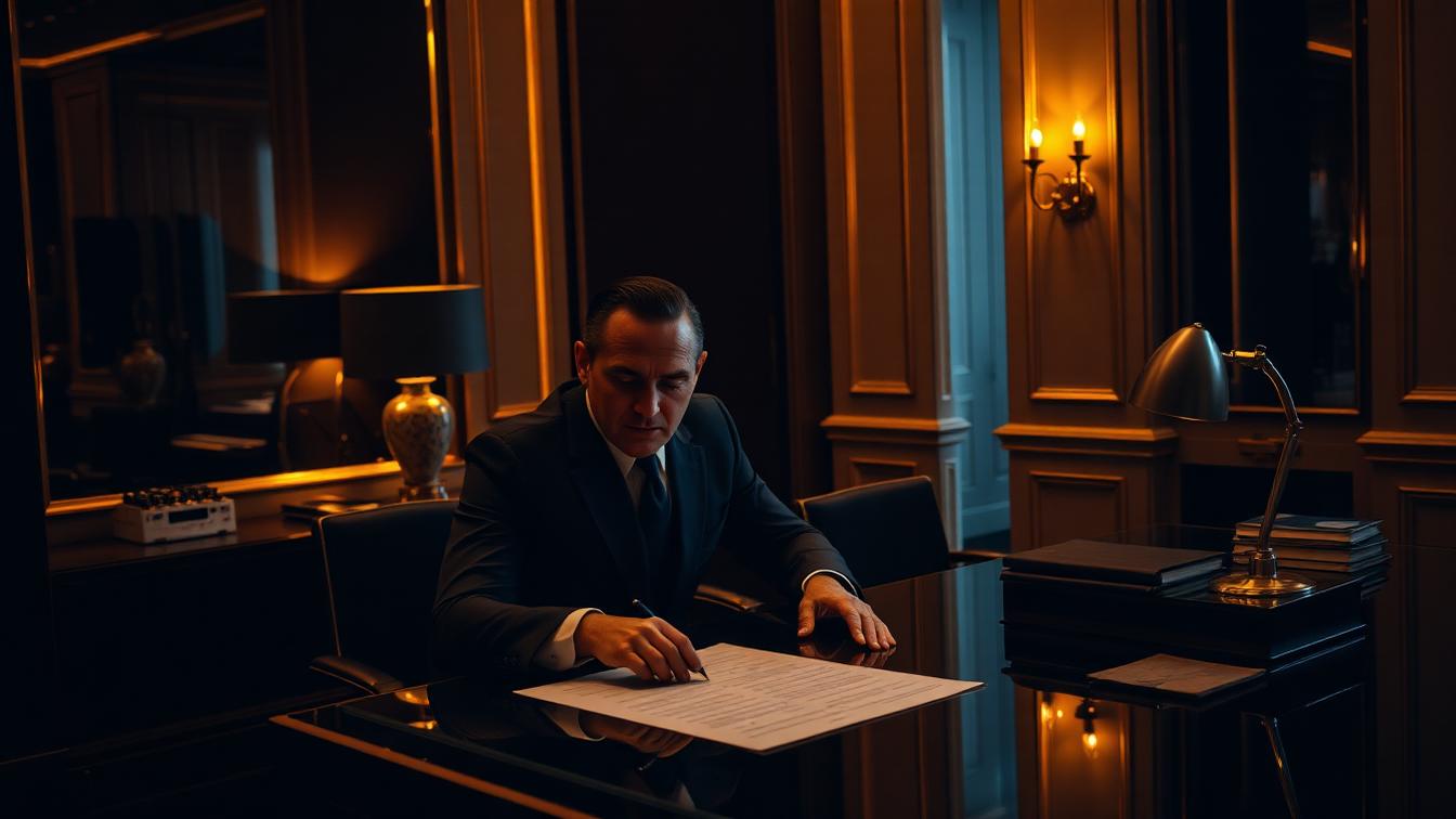 Manager profesional revisando contrato en escritorio de lujo