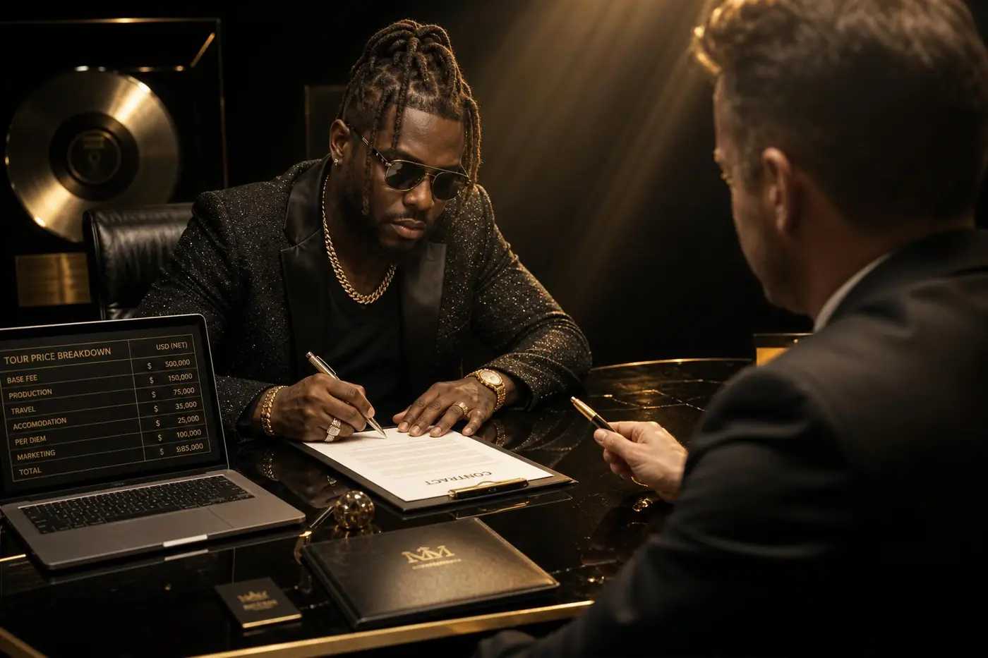 Negociación de contrato musical en un escritorio de lujo con laptop mostrando precios de tour y discos de oro en la pared